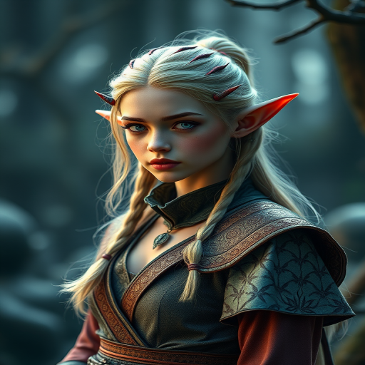 Create a high-resolution image of a graceful elf-like character with long pointed ears, wearing a stylish outfit made of intricate patterns and delicate fabrics, in a well-lit fantasy setting, captured with a full-frame DSLR camera at f/2.8, ISO 100, 50mm lens, and a soft focus background for depth.