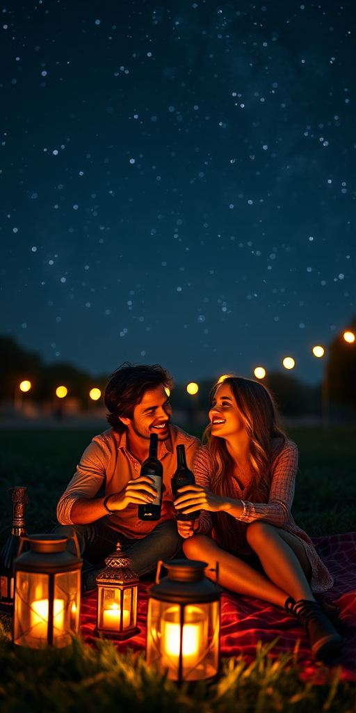 Warmly lit image of a couple sitting on a blanket under the stars, sharing a bottle of wine, soft glow from nearby lanterns illuminating their smiles, with the distant sound of crickets filling the night air.
