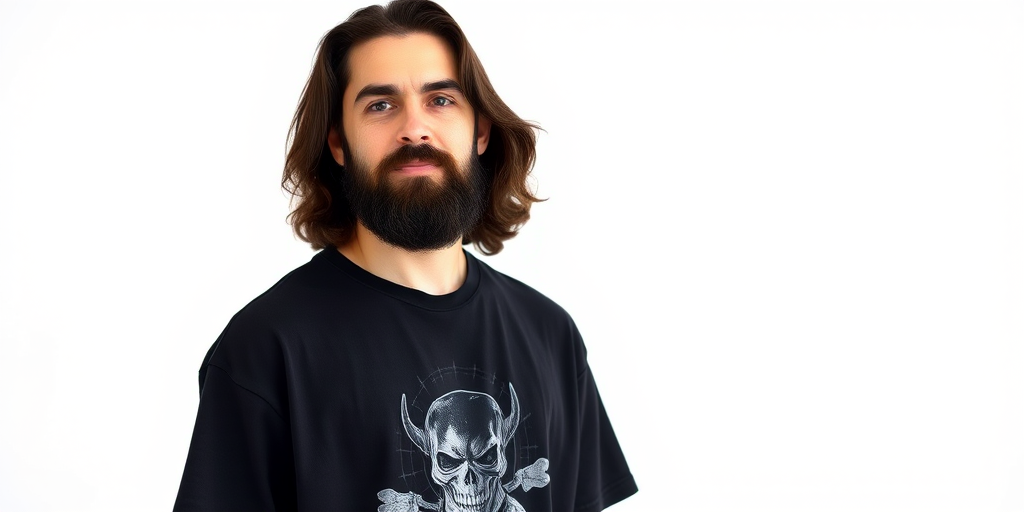 portrait of a man with long dark hair and a beard wearing a black oversized t-shirt with a graphic design, standing against a white background, captured with a DSLR camera, 50mm lens, f/1.8 aperture, ISO 100, natural lighting, soft focus background