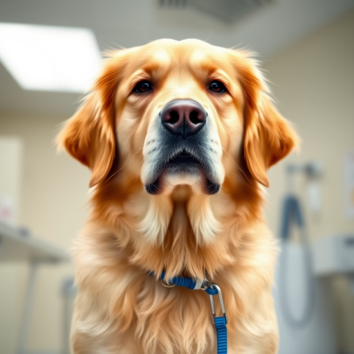 Generate an image of a golden retriever with a calm expression, standing in a veterinary clinic. The background should include soft lighting and hints of medical equipment. The dog should have a blue collar and be looking directly at the viewer.