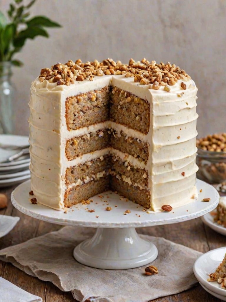 Generate an image of a three-layer cake with a light cream frosting. The cake has a texture that suggests it is moist and fluffy, with a sprinkle of crushed nuts on top. One slice is cut out, showcasing the layers inside. The cake is displayed on a simple white cake stand, with a rustic background.