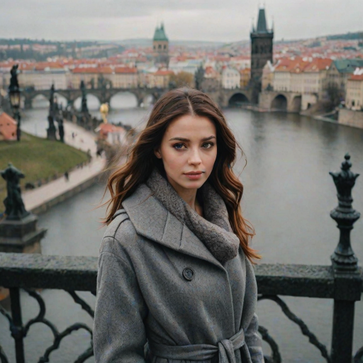 cinematic photo from above, waist up shot, sharp focus, a beautiful woman in foreground, in Prague, at the Charles Bridge, river in background, overcast rainy day, wearing long grey wool coat, warm rich color palette
