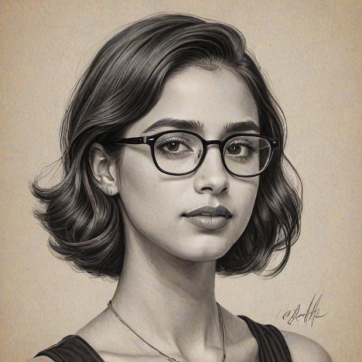 Alluring Naomi Scott, pencil sketch, portrait of Wonderful woman 1932s in glasses, hair style beatnik, outline, clear lines, fine lines, 8k