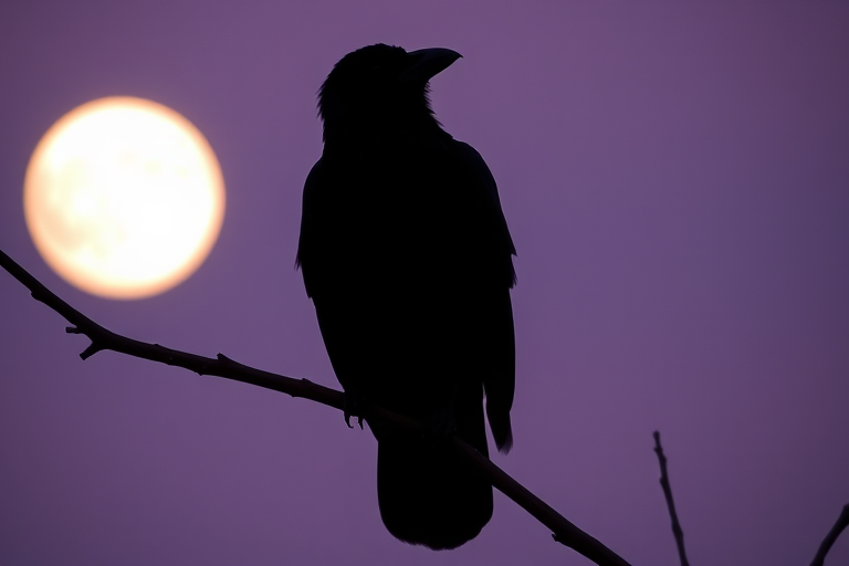 a silhouette of a raven perched on a branch against a purple night sky with a bright full moon, captured with a Canon EOS 5D Mark IV, aperture f/2.8, ISO 100, 50mm lens, shallow depth of field, evening light, focus on raven details