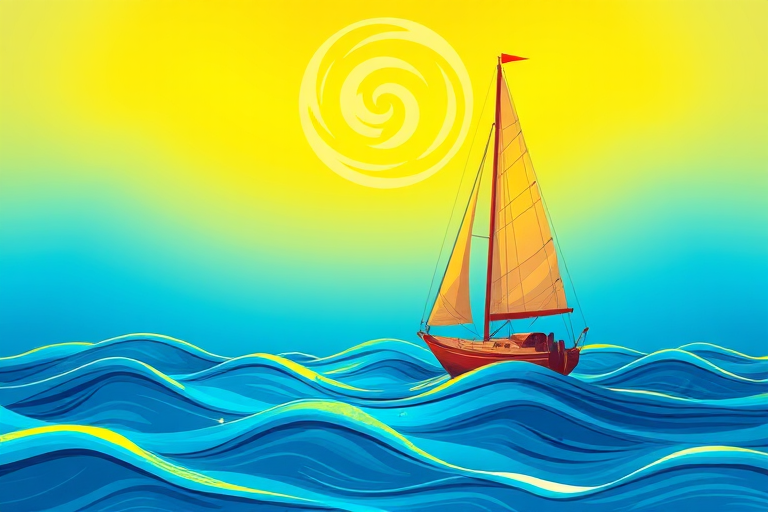 Create a vibrant illustration of a sailboat on wavy blue water under a bright yellow sun with swirls, using a digital drawing style with high resolution at 300 DPI, shot from a slightly elevated angle to capture the details, using a simulated clean lens effect to enhance clarity and color contrast.