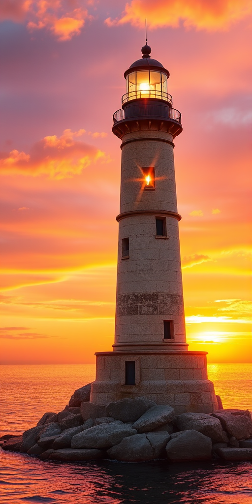 Generate an image of a tall lighthouse perched on a rocky outcrop surrounded by calm ocean waters during a breathtaking sunset. The lighthouse stands sturdy and weathered, its stone surface illuminated by the warm golden light of the setting sun. The sun's rays pass directly through the glass lantern room at the top of the lighthouse, casting a brilliant light across the scene. The sky is painted with vibrant shades of orange, pink, and purple, reflecting off the tranquil sea. The surrounding water shimmers with the same warm hues, creating a serene and majestic atmosphere.