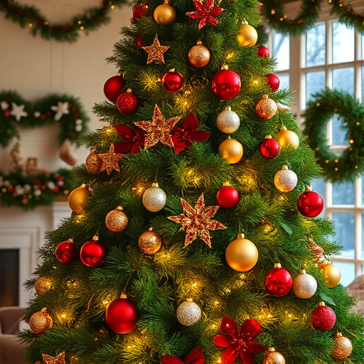 Generate an image of a beautifully decorated Christmas tree indoors. The tree should be lush and green, adorned with red, gold, and silver ornaments. Include warm white lights twinkling on the branches. The background should feature a cozy, festive environment with some holiday decorations visible, like garlands and a hint of a window showing a winter scene.