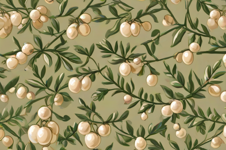 create a seamless pattern featuring cream-colored berries on green stems against a tan background