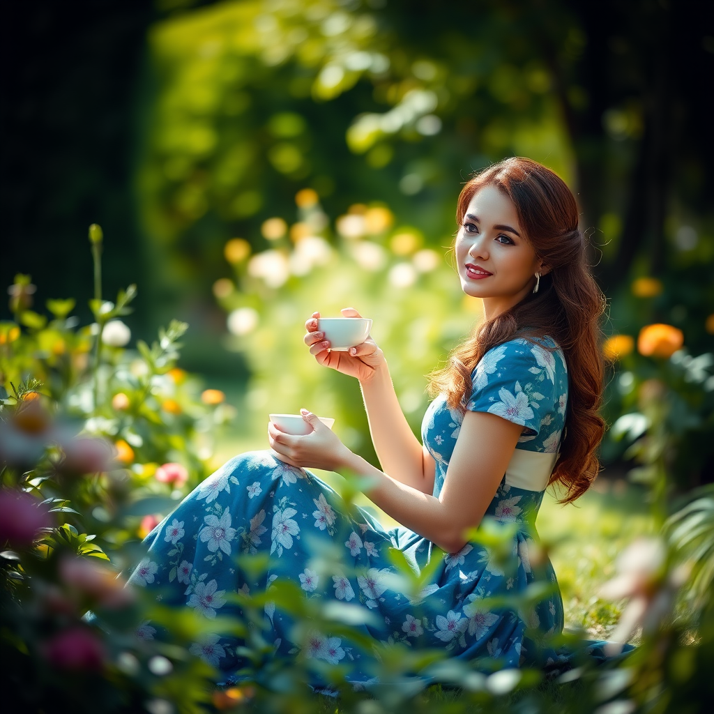 regenerate an elegant young woman in a blue floral dress sitting in a lush garden with a teacup, soft natural lighting, shallow depth of field, 50mm lens, f/1.8 aperture, portrait orientation, high dynamic range imaging, DSLR camera