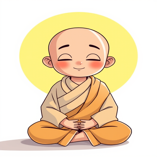 create a digital illustration of a cartoon-style monk sitting in a meditative pose with a peaceful expression, surrounded by a bright yellow halo, use a soft color palette, ensure high resolution, use a DSLR camera, aperture f/2.8, 35mm lens, soft focus background for enhancement