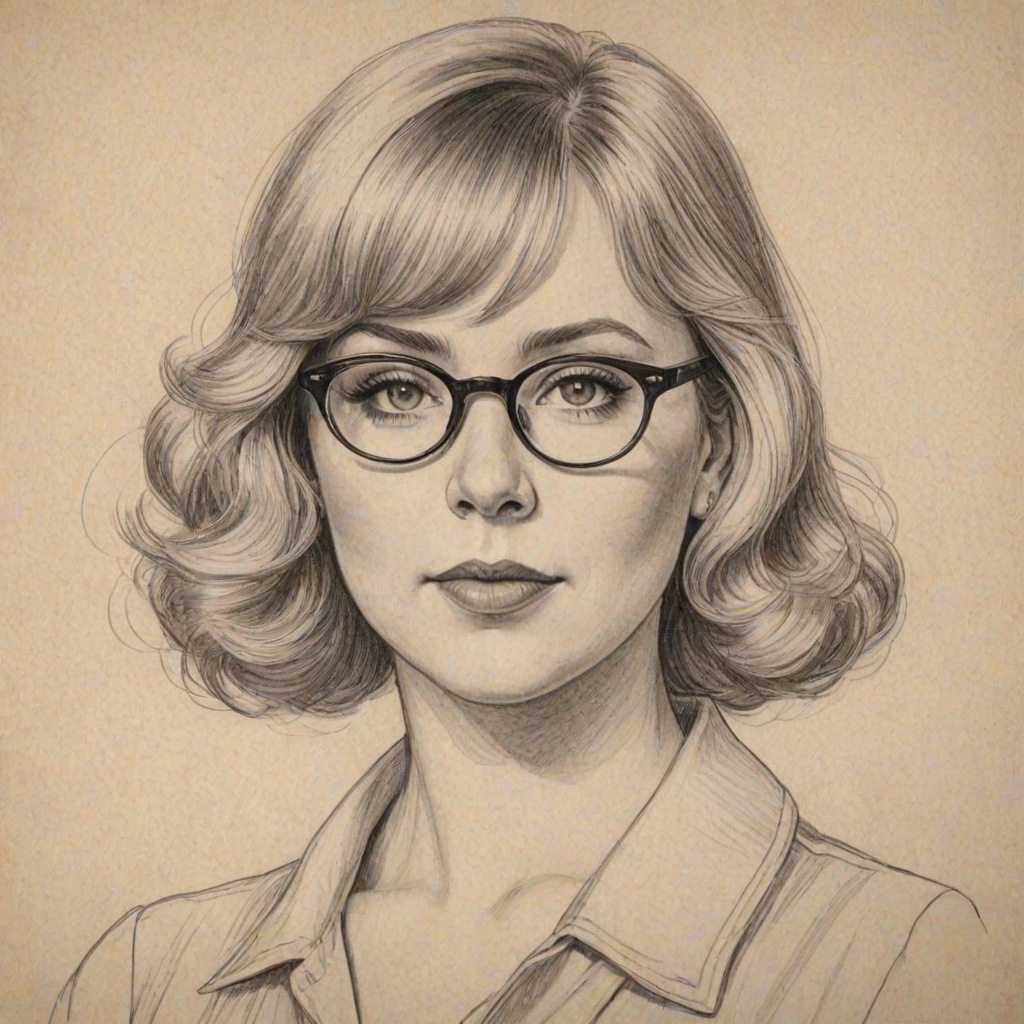 Elegant Kirsten Vangsness, pencil sketch, portrait of Lovely woman 1924s in glasses, hair style beatnik, outline, clear lines, fine lines, 8k