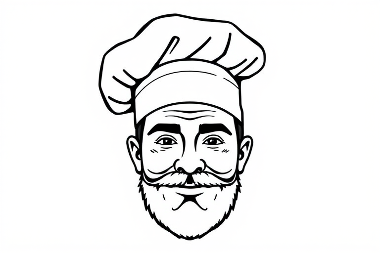 create a minimalist illustration of a chef's face with a stylish hat, high contrast black and white line art, using a digital drawing tablet, 300 DPI resolution, top-down view, soft natural lighting