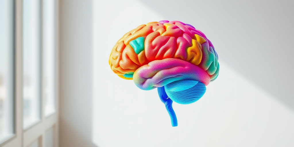 Create a high-resolution illustration of a colorful brain with intricate patterns, using a Canon EOS R5 camera, 50mm lens, f/2.8 aperture, ISO 100, in a bright studio setting with soft natural light for enhanced detail and vibrancy.