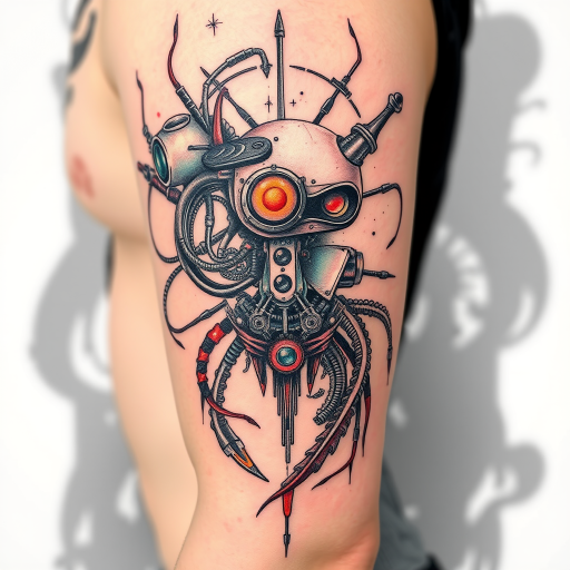 Biomechanical tattoo style titled "Cybernetic Fusion" blending organic forms with mechanical components, creating the illusion of exposed robotic parts beneath the skin