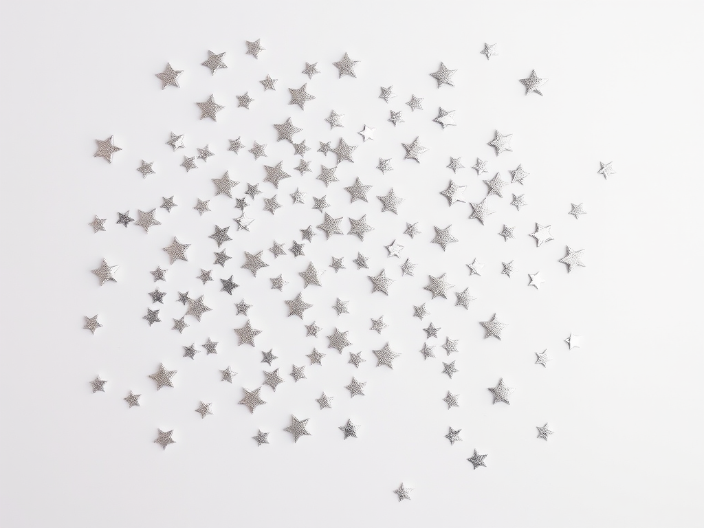 Create a high-resolution image of scattered silver stars on a white background, using a 50mm lens, f/1.8 aperture, ISO 100, shot from a top-down view with a DSLR camera for enhanced clarity and depth.