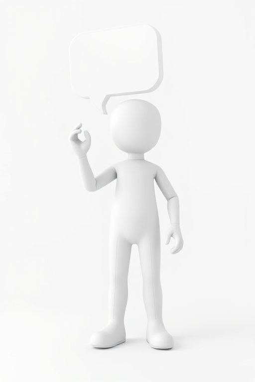 Generate a 3D white humanoid figure standing with one hand raised and a speech bubble above its head in a minimalist style, shot with a DSLR camera at f/2.8 aperture, ISO 100, 50mm lens, soft diffused lighting, and a clean white background for maximum contrast and clarity.