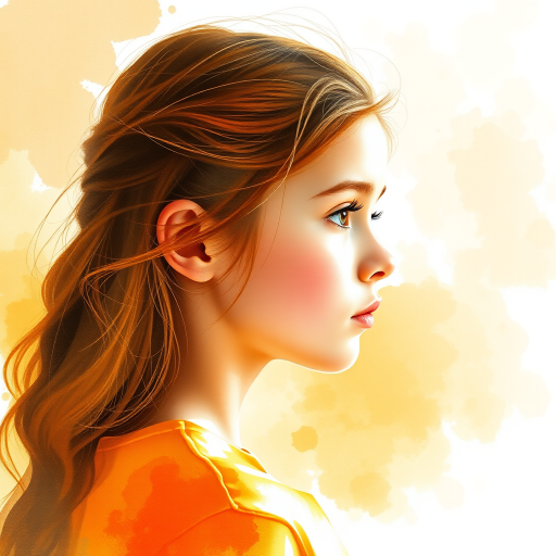Regenerate a watercolor portrait of a girl in profile with soft, abstract backgrounds in orange and yellow tones, captured with a DSLR camera, 50mm lens, aperture f/1.8, ISO 100, natural lighting, shallow depth of field.