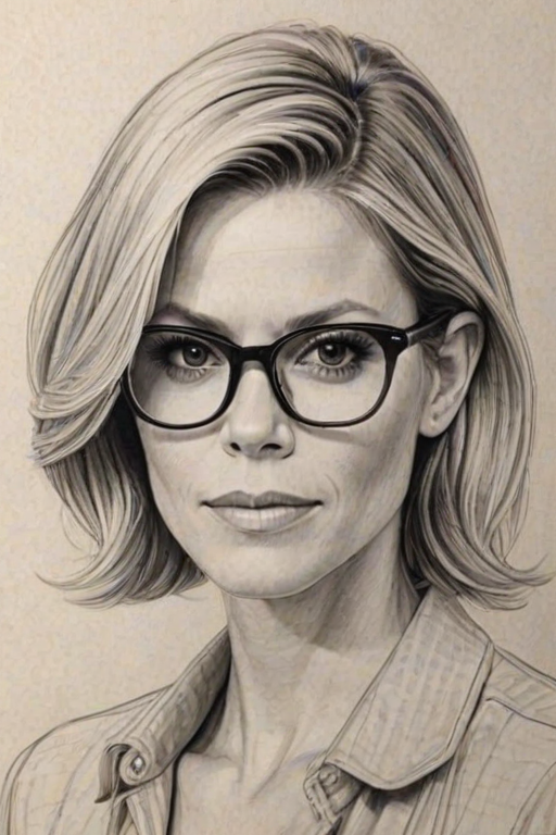 Fascinating Julie Bowen, pencil sketch, portrait of Splendid woman 1972s in glasses, hair style beatnik, outline, clear lines, fine lines, 8k