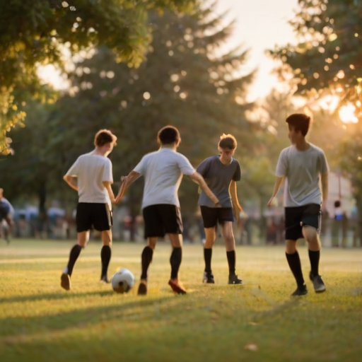 Blurry, candid shot of a group of teenagers playing soccer in a park at dusk, soft shadows stretching across the field, the sound of laughter and playful shouts filling the air, distant city lights twinkling as the sun sets.