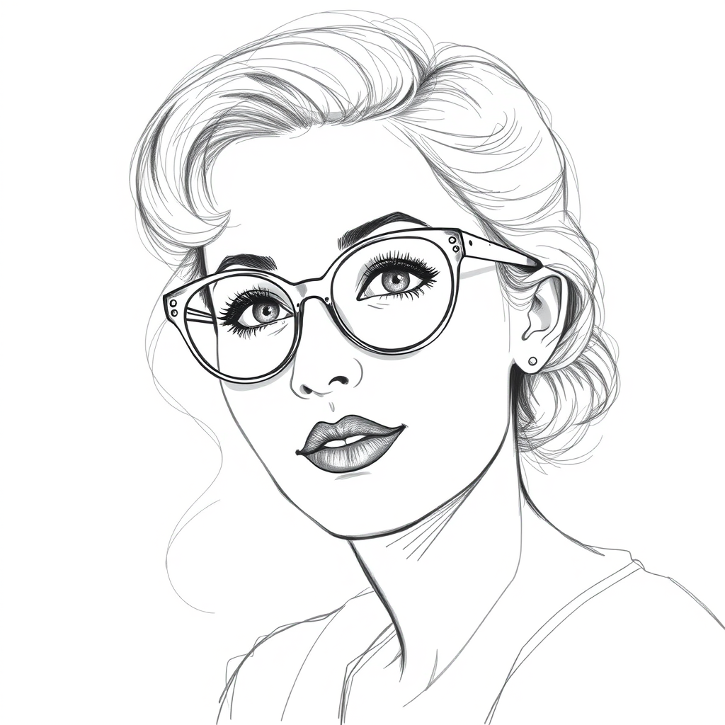 Lovely Carly Chaikin, pencil sketch, portrait of Pleasing woman 1933s in glasses, hair style beatnik, outline, clear lines, fine lines, 8k
