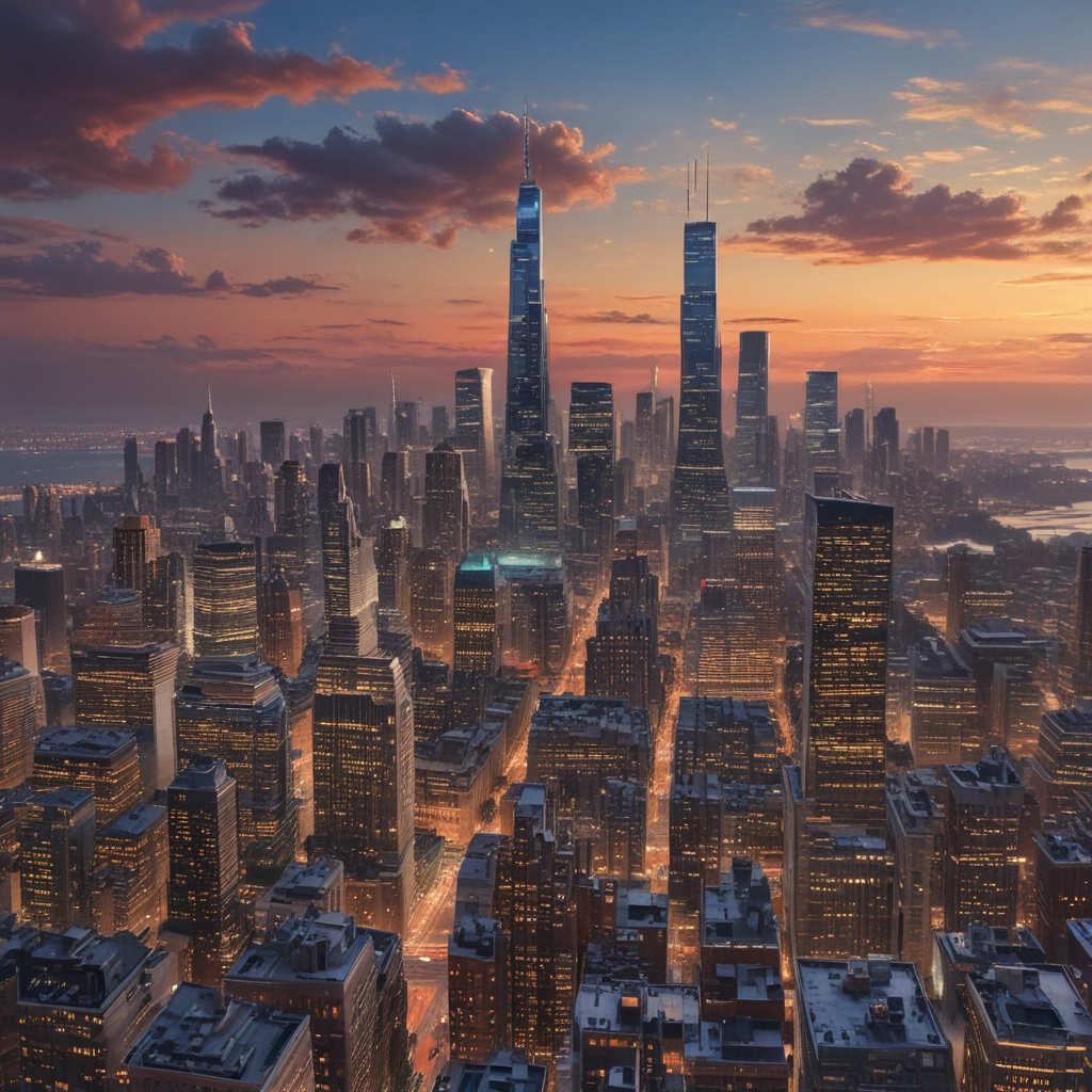 Stunning Aerial View of a City Skyline at Sunset with Skyscrapers