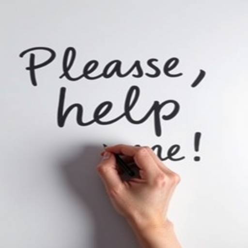 Write the phrase "Please, help me!" in bold, cursive handwriting on a clean white background, captured with a DSLR camera at ISO 100, f/2.8 aperture, 50mm lens, and using a top-down view for clarity and focus on the text.
