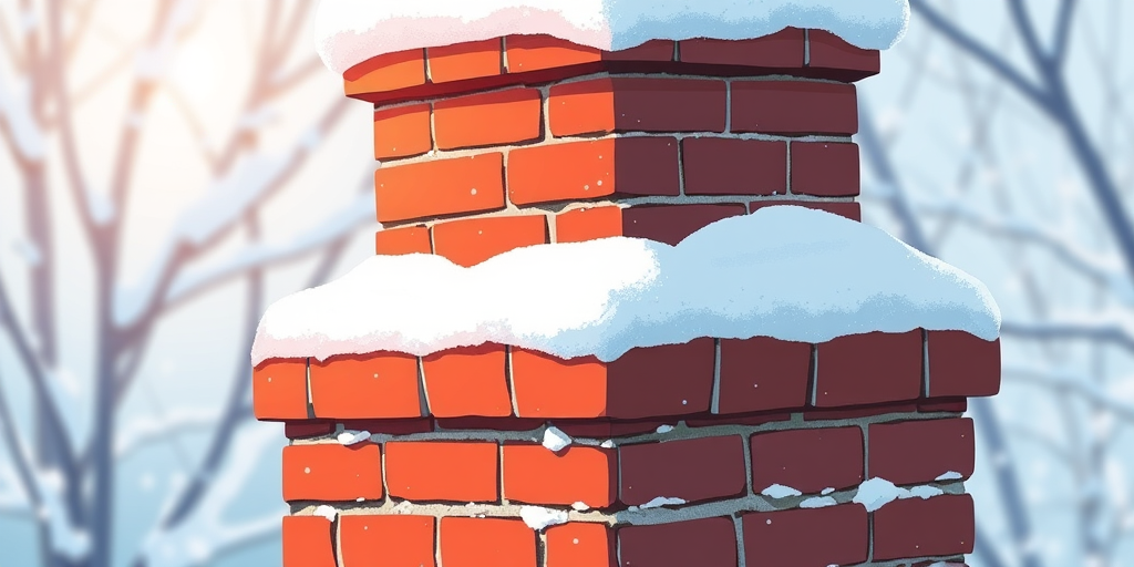 Create a vibrant illustration of a red brick chimney topped with fluffy white snow, using a DSLR camera at f/2.8 aperture, ISO 100, 50mm lens, with a shallow depth of field to enhance detail and texture.