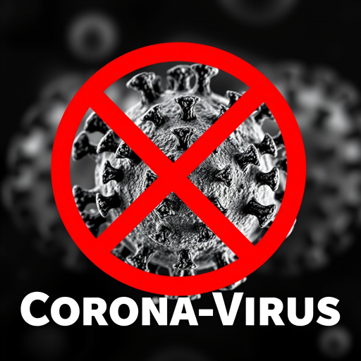 Create an image of a stylized coronavirus with a bold red prohibition sign over it, accompanied by the text "Corona-Virus" in a prominent font, using a Canon EOS R5 camera with a 24-70mm f/2.8 lens at f/5.6, ISO 100, and a shutter speed of 1/200s, in a high-contrast digital art style.