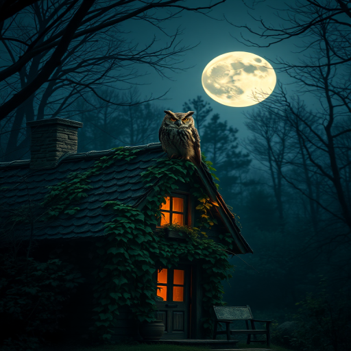 A mystical owl perched on a cozy, vine-covered cottage under a full moon, eerie forest in the background, captured with a Canon EOS R5, 24mm lens, f/4 aperture, ISO 200, long exposure for enhanced night ambiance, soft focus on surrounding trees.