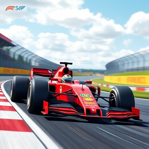 Create a vibrant illustration of a red Formula 1 car racing down a track with a dynamic background, shot using a DSL camera with a wide-angle lens at f/4.0, ISO 100, shutter speed 1/500s, capturing the excitement of speed and motion with sharp details and vivid colors.