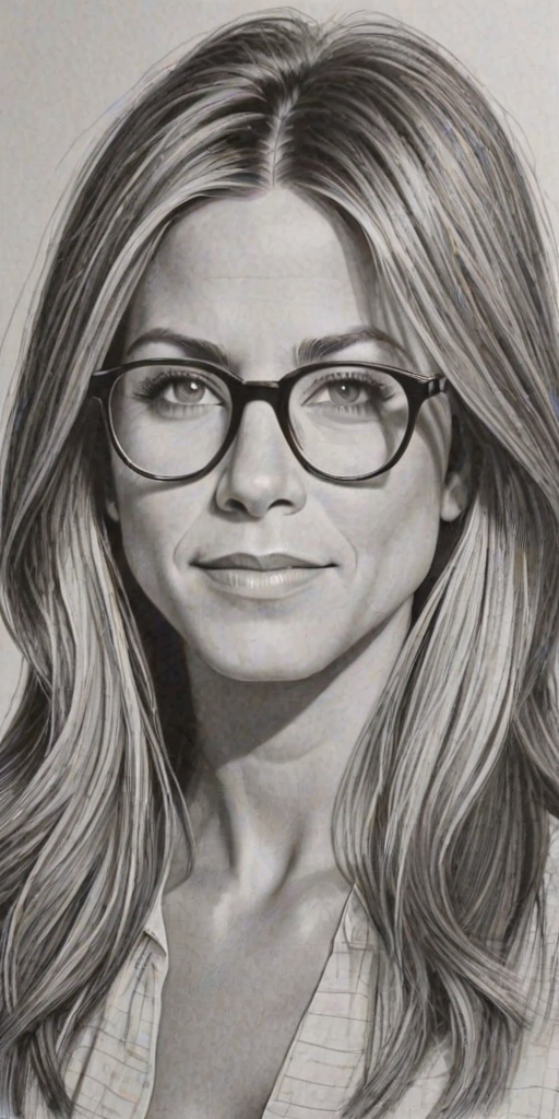 Delightful Jennifer Aniston, pencil sketch, portrait of Wonderful woman 1963s in glasses, hair style beatnik, outline, clear lines, fine lines, 8k