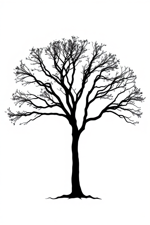 Generate a minimalist black icon of a tree on a white background, using a DSLR camera with 50mm lens, aperture f/2.8, ISO 100, and a shallow depth of field for enhanced clarity and detail.