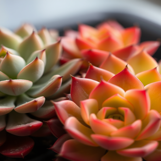 Close-up shot of succulent plants with varying shades of green and red, soft-focus background, natural lighting, aperture f/2.8, shutter speed 1/125s, ISO 200, macro lens, DSLR camera.