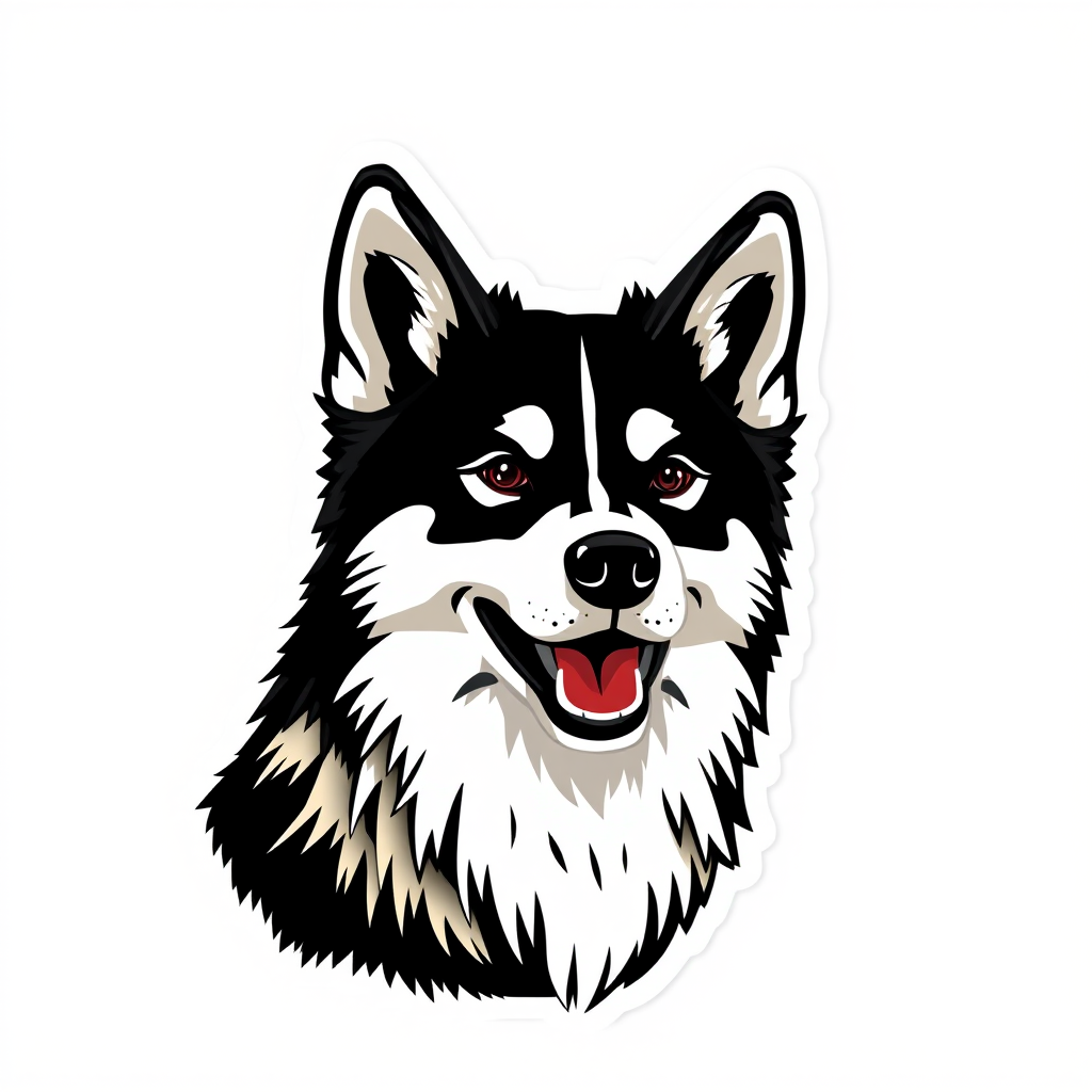 generate sticker, 3D black and white yakutian laika dog breed, black background