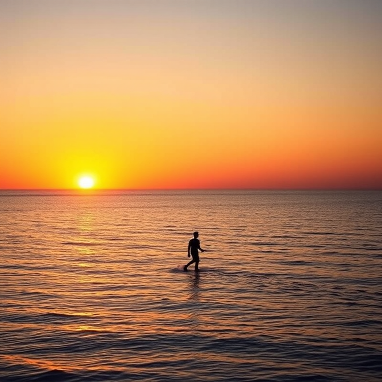 sunset over a calm ocean with a silhouette of a person walking on water, soft warm light reflecting on the surface, Canon EOS R, 50mm lens, f/8, ISO 100, 1/125 sec, landscape orientation, golden hour lighting