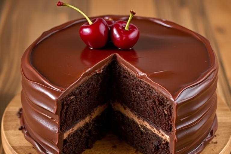 A rich chocolate cake with smooth chocolate frosting and fresh cherries on top, featuring a slice cut out to reveal layers of moist chocolate cake and creamy filling, set on a wooden surface.