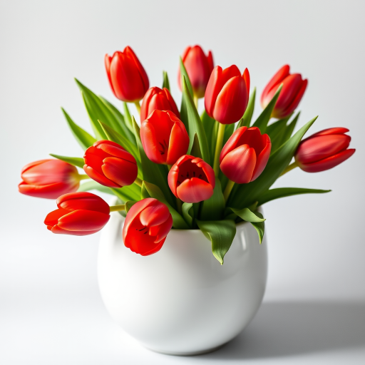 A bouquet of vibrant red tulips in a sleek white pot on a light gray background, shot with a Canon EOS R5, 50mm lens, f/2.8 aperture, ISO 100, 1/125 sec exposure, using soft lighting for enhanced colors and shadows.