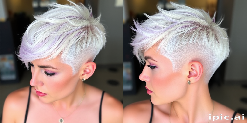 Striking platinum pixie cut with shaved sides and a textured top, accented by subtle lavender highlights throughout, exuding confidence and edginess in the "Moonlit Rebel" look