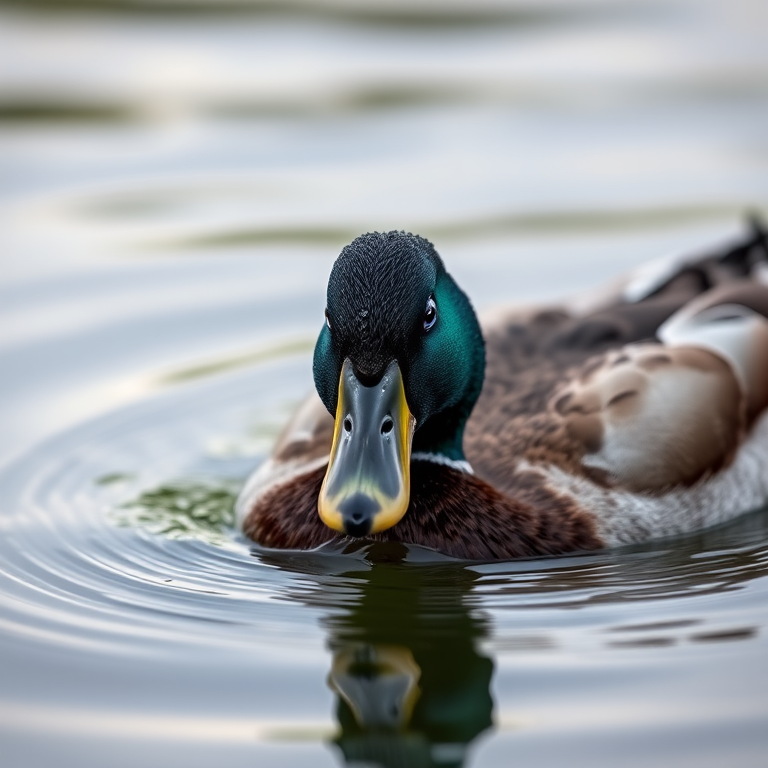 Duck swimming in a calm water surface, focus on the head with water droplets on feathers, shallow depth of field, natural lighting, f/2.8 aperture, 1/1000 shutter speed, ISO 200, 85mm lens, DSLR camera.