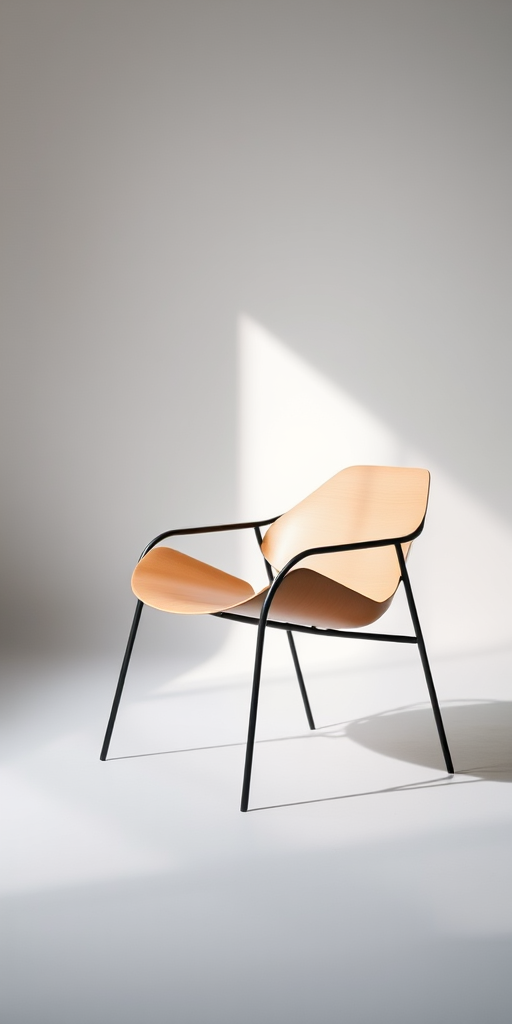 Show a modern chair design with clean lines and a minimalist aesthetic, captured in a well-lit studio setting using a DSLR camera with a 50mm lens, aperture set to f/2.8 for a shallow depth of field, ISO 100 for high clarity, and a soft diffused light source to enhance textures and shadows.