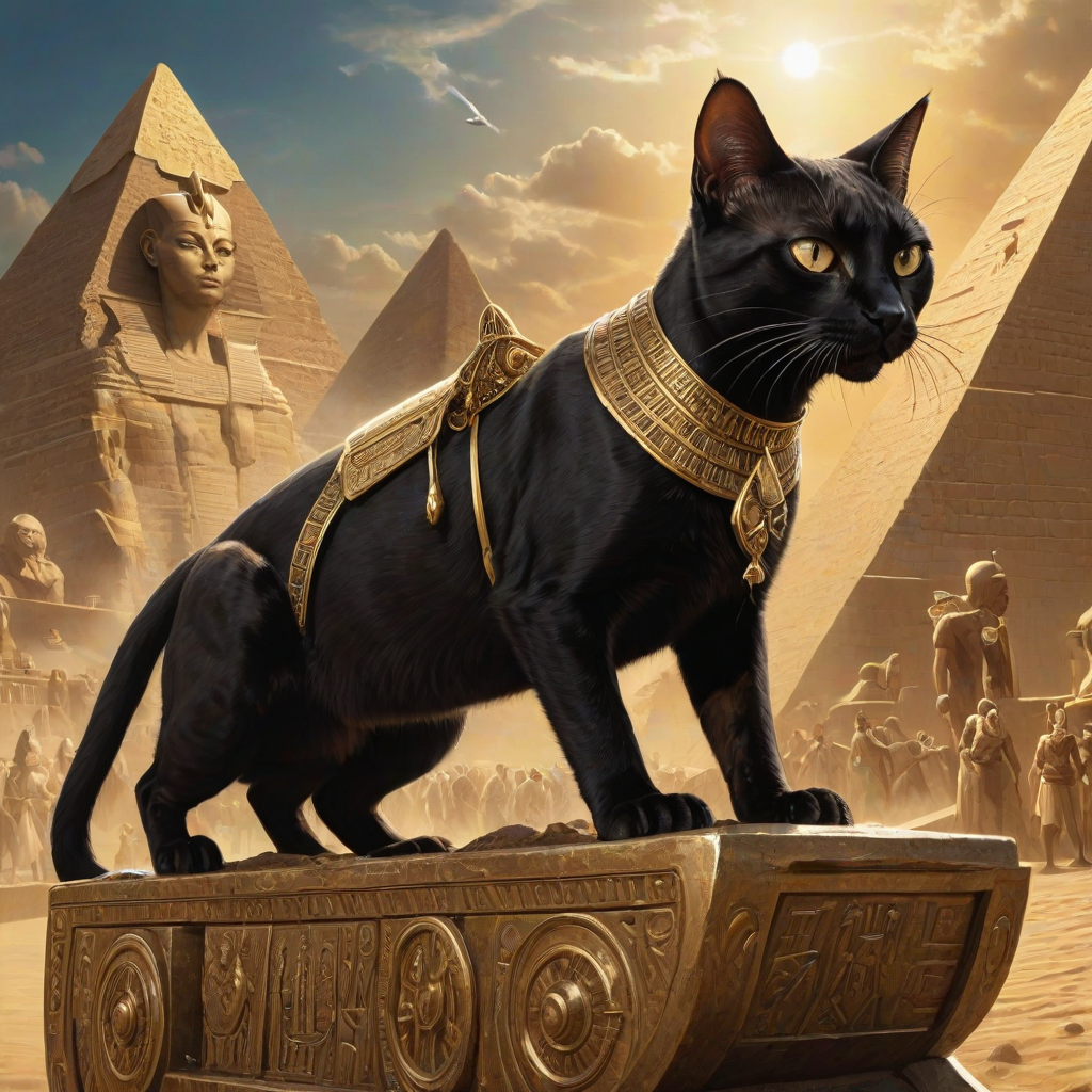 award winning digital illustration, surrealism, closeup sideview of a (ruthless black Egyptian Pharaoh cat:1.25) riding a golden chariot in an ancient pyramid city, exuding authority and dominance over terrified human slaves in the background, rich dramatic lighting, gleaming mirrored reflections, intricate textures, glowing dust, god rays,  highly detailed art <lora:MJ52:0.8> <lora:add-detail-xl:0.8>