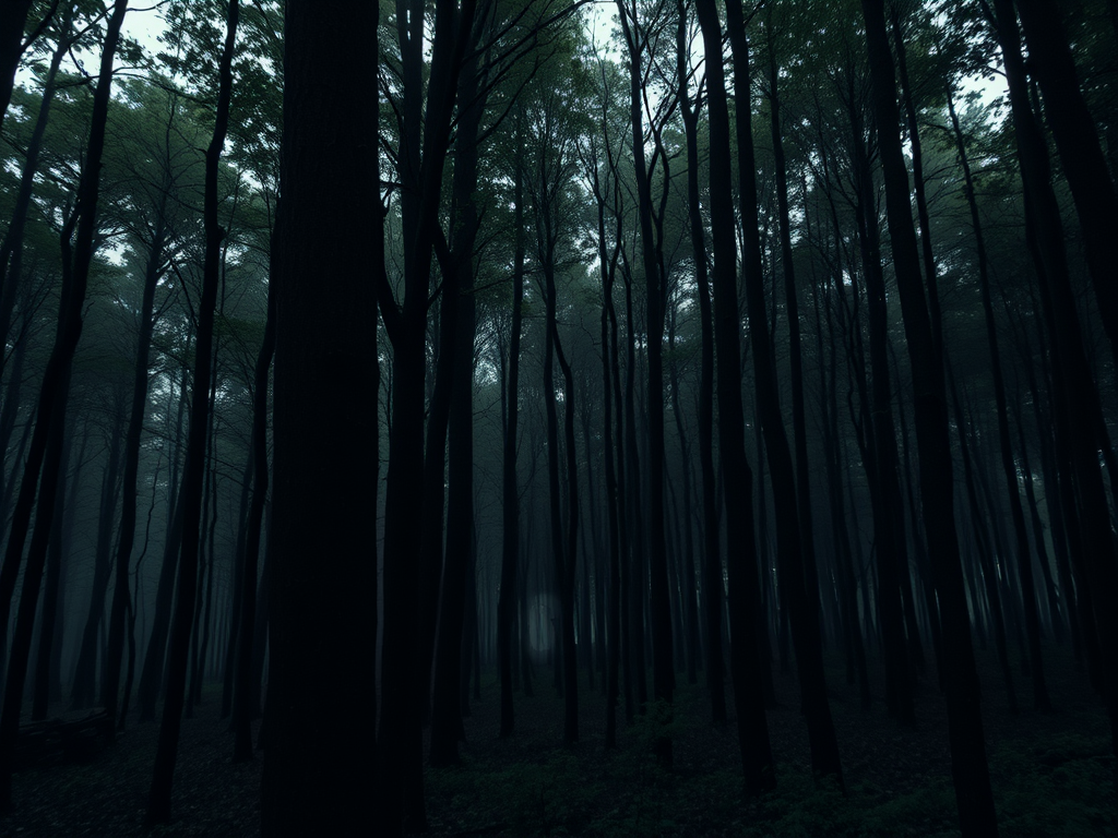 A mysterious forest with dense trees, an eerie face subtly blending into the background, soft focus, natural light, shot with a DSLR camera at f/4 aperture, ISO 200, 50mm lens, slightly underexposed for a darker mood.