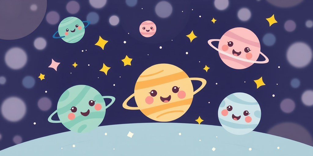 Create a whimsical cartoon space scene featuring cute planets with smiling faces in pastel colors surrounded by stars and a dreamy galaxy background with soft bokeh effects.