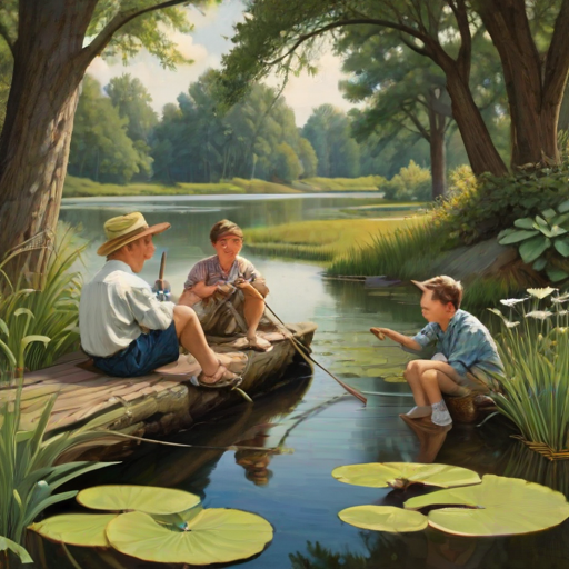 Imagine a small group of old fashioned young boys out fishing by the creek, a swing hanging from a tree branch, reeds and grasses by the water's edge, a frog sitting on a lily pad, dragonflies hovering over som water plans, a very iconic old fashioned scene reminiscent of a Norman Rockwell painting style