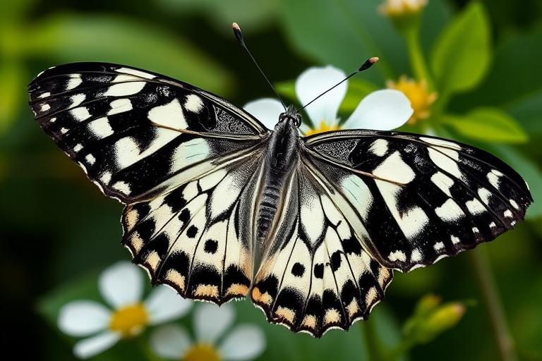 Generate an image of a unique butterfly with intricate patterns on its wings, featuring a blend of black and white colors. The butterfly is perched on a delicate white flower with green foliage in the background, capturing a close-up view that highlights the details of its wings and the surrounding floral environment.