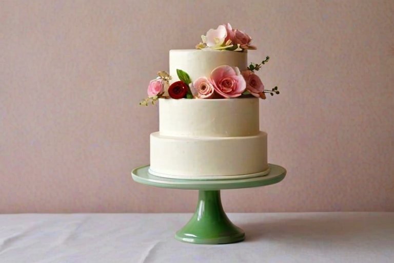 Create a three-tiered wedding cake with a smooth white frosting. Decorate it with delicate edible flowers in soft pink and deep red colors, along with green vine accents. Place the cake on a simple, elegant cake stand. The background should be neutral and minimalistic to highlight the beauty of the cake.