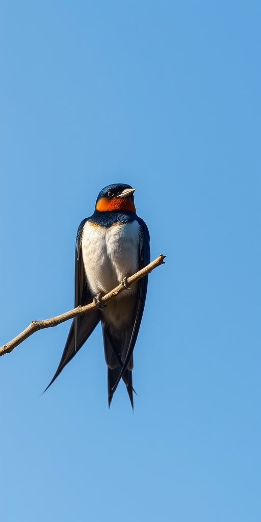 two swallows perched on a branch against a clear blue sky, shot with a Canon EOS 5D Mark IV, 200mm lens, aperture f/4, ISO 100, shutter speed 1/1000 sec, soft focus background for enhanced depth, natural lighting