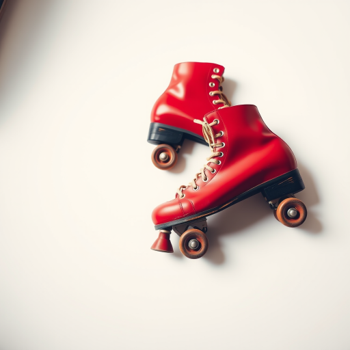 Create a realistic image of a pair of vintage red roller skates on a white background, with a shallow depth of field, using a DSLR camera at f/2.8, ISO 100, and a focal length of 50mm, shot from a slightly elevated angle to emphasize the skates' details.