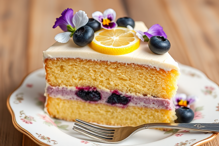 A beautifully layered slice of cake with yellow and purple sponge, creamy frosting, fresh blueberries, a lemon slice, and edible flowers on top, served on a decorative plate with a fork beside it.
