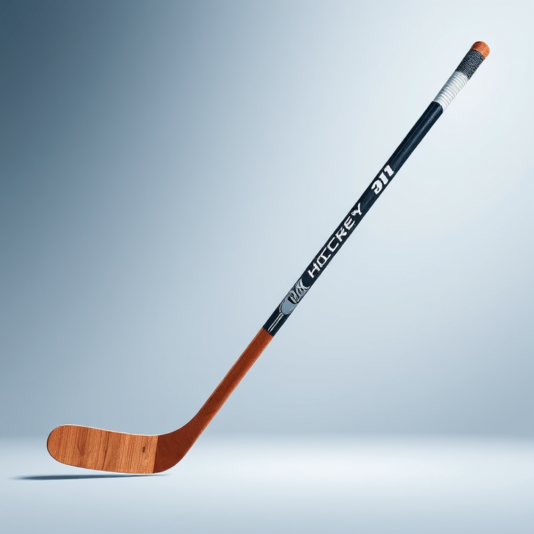 Create a high-resolution illustration of a hockey stick, using a digital art style, with a clean background, soft lighting, and sharp focus, shot with a 50mm lens at f/2.8 to enhance the details and textures.